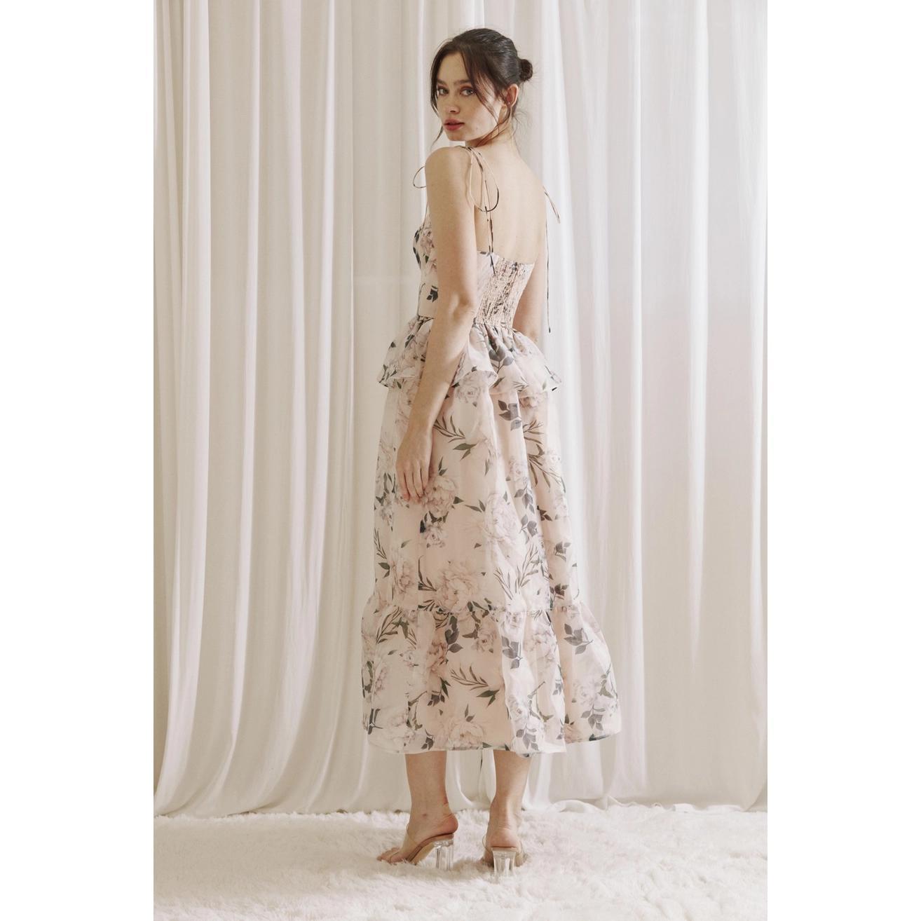 Floral Ruffled Peplum Midi Dress - Pink Multi