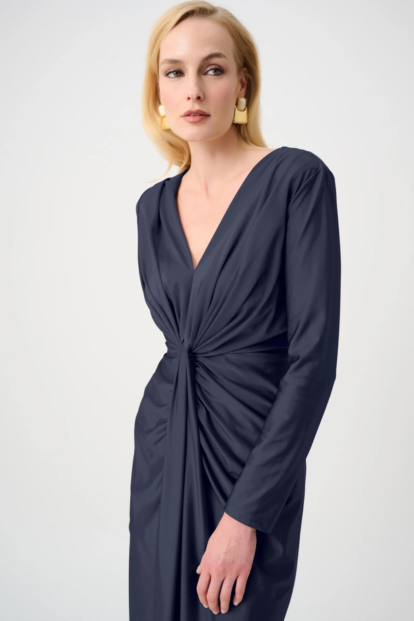 Satin Effect Knit Draped V-Neck Sheath Dress - 253714