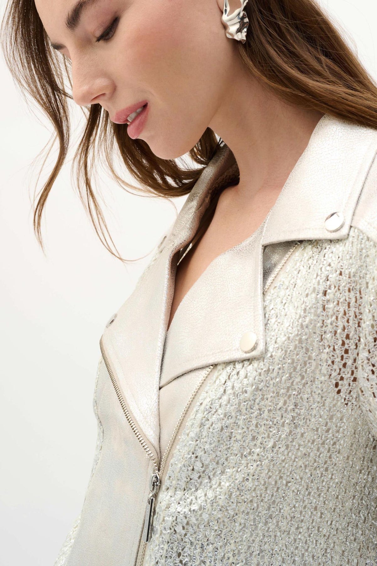 Faux Suede Foiled Knit Moto Jacket - Champagne Silver
