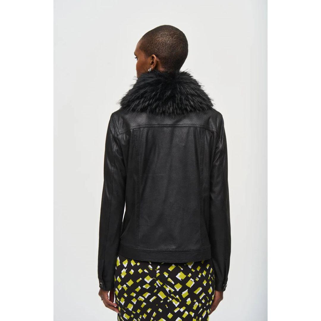 Faux Fur Collar Suede Jacket - 243907 - Black