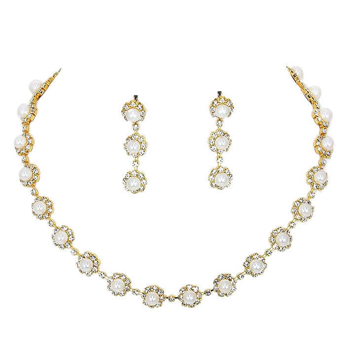 Crystal Rhinestone Pearl Flower Collar Necklace Set - Gold - 227842