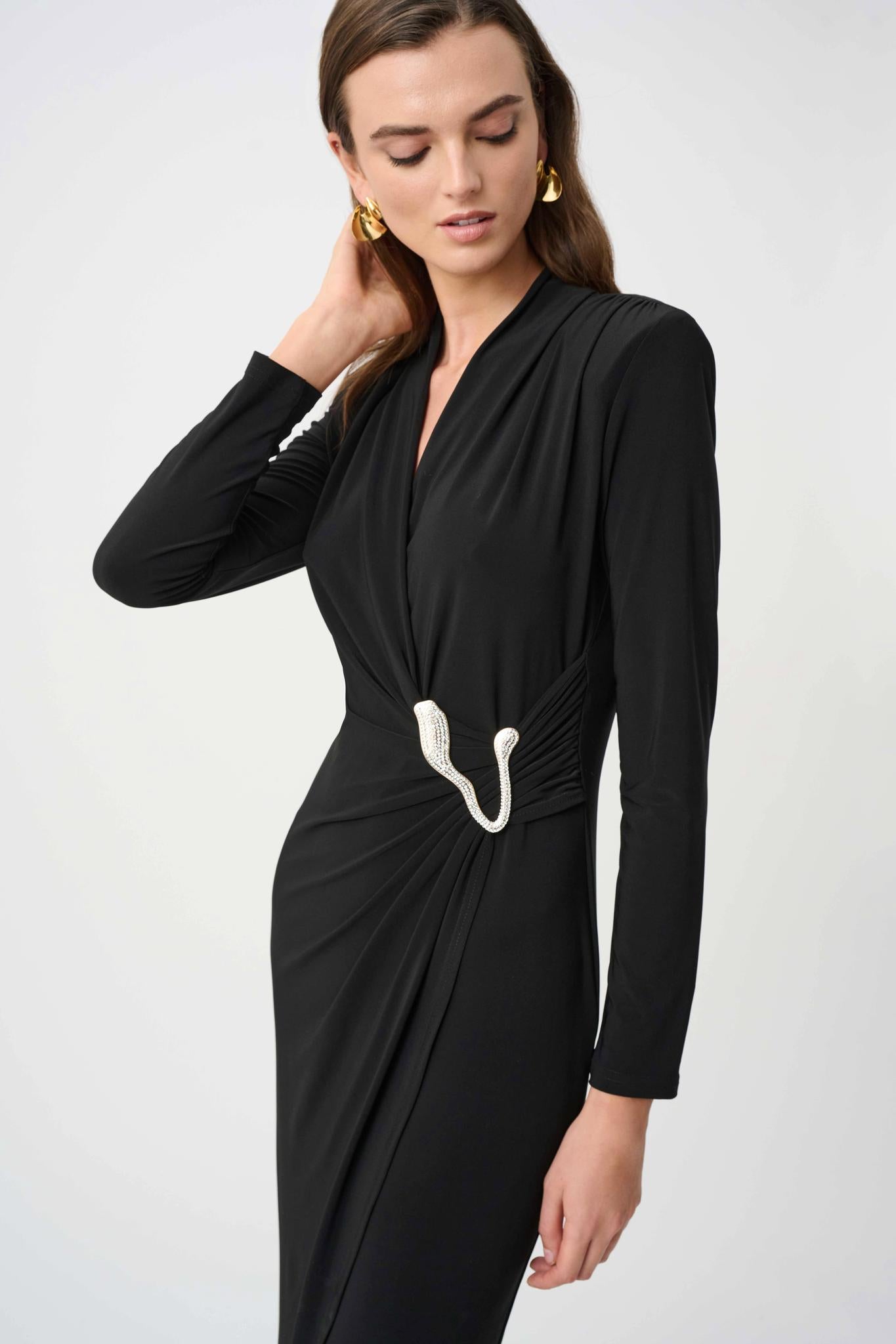 Silky Knit Sheath Wrap Dress - Black