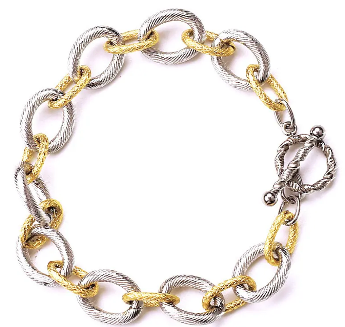 HoopLa Style - Two Tone Etched Steel Link Toggle Bracelet