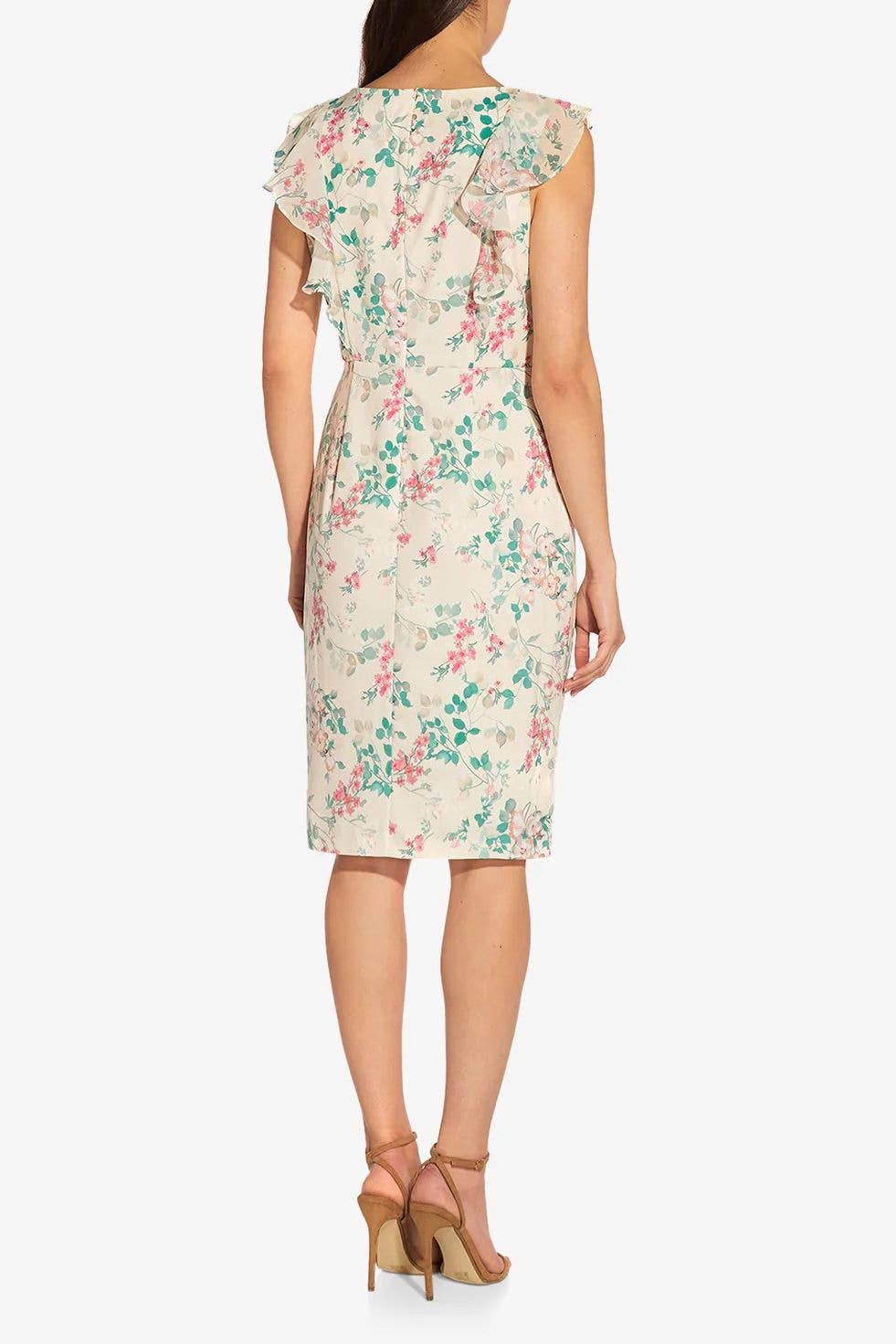 V- Neck Sleeveless Back Zipper Ruffle Dress - AP1D104738 - Alabaster Multi