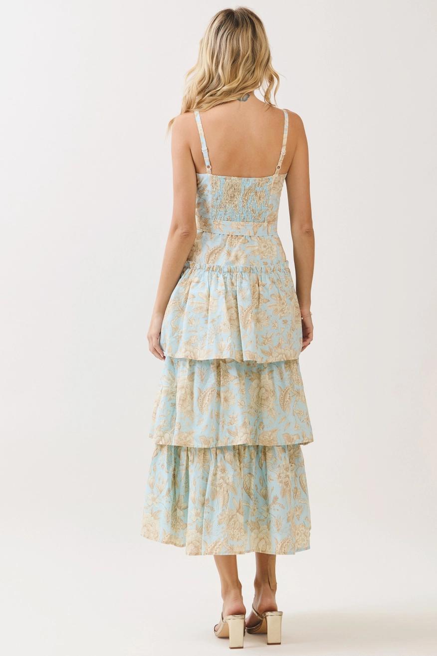 Tiered Ruffle Midi Dress - Blue Floral