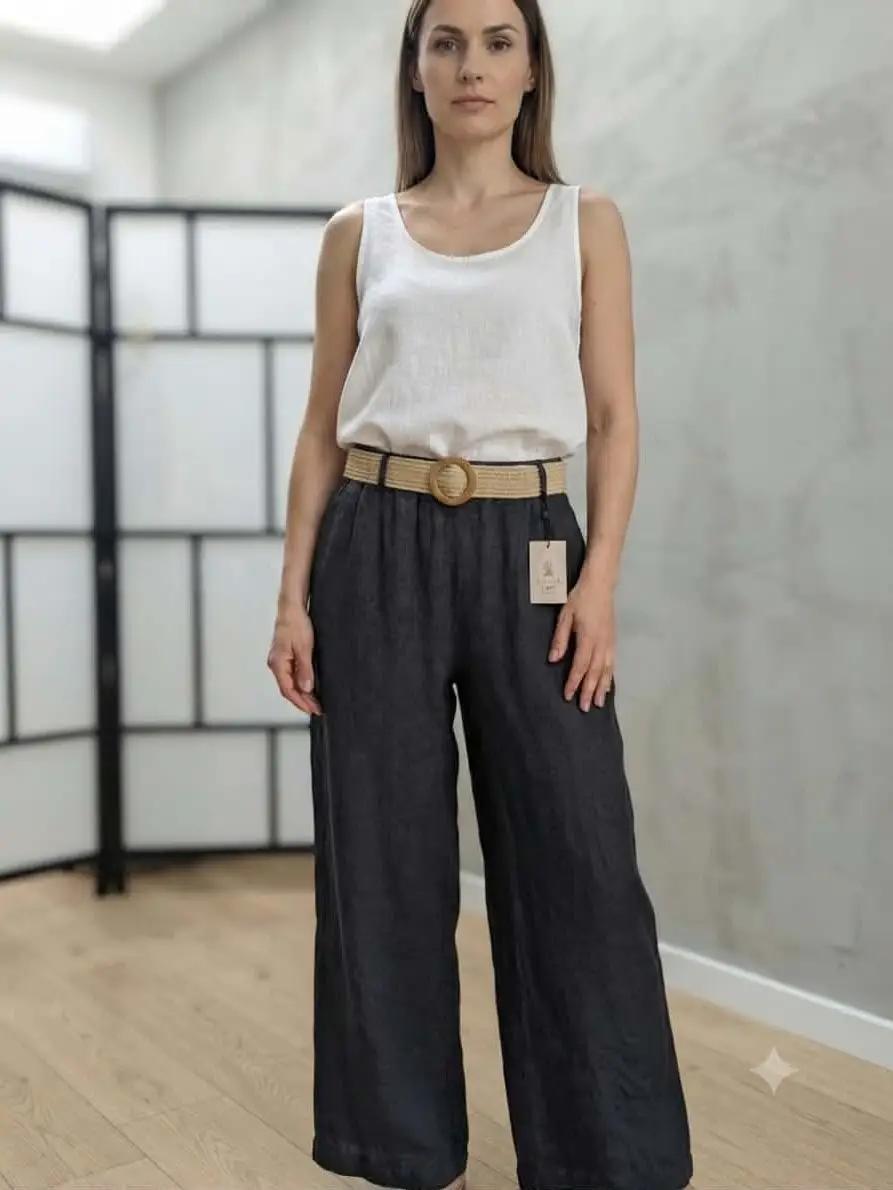 Classic Linen Pants Elastic Waist with Belt | Navy