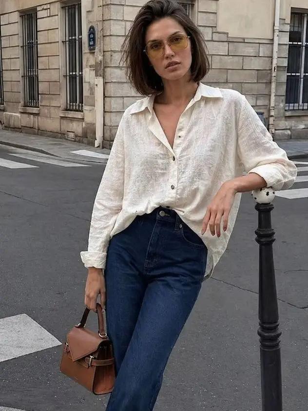 Crinkle-Texture Shirt with Wide Cuffs | Cream