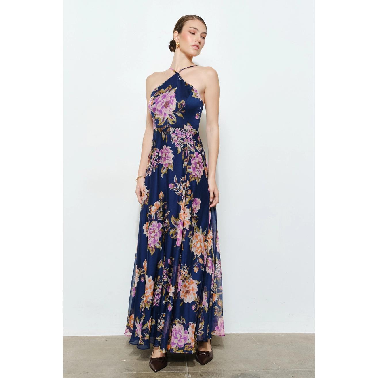 Floral Chiffon Halter Maxi Dress - Indigo Garden