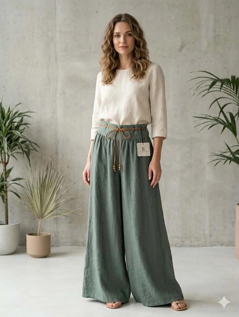 Linen Pants Wide Leg with Boho Belt and Elastic Waist