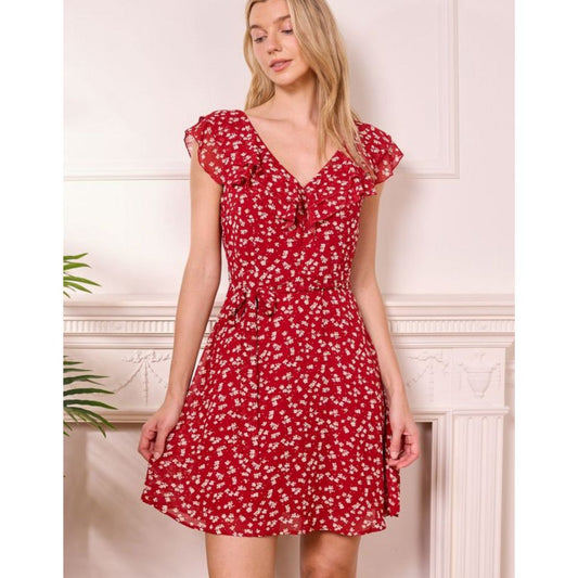 Alexandria Mini Floral Wrap Dress - Red Floral