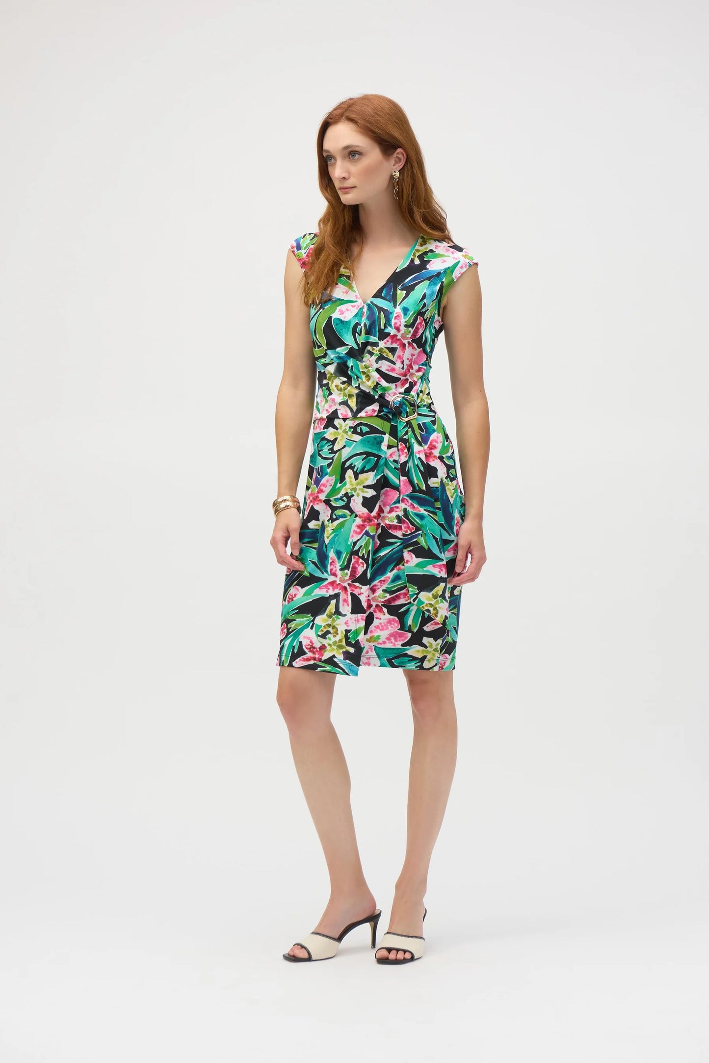 Tropical Print Sheath Dress - Black Multi