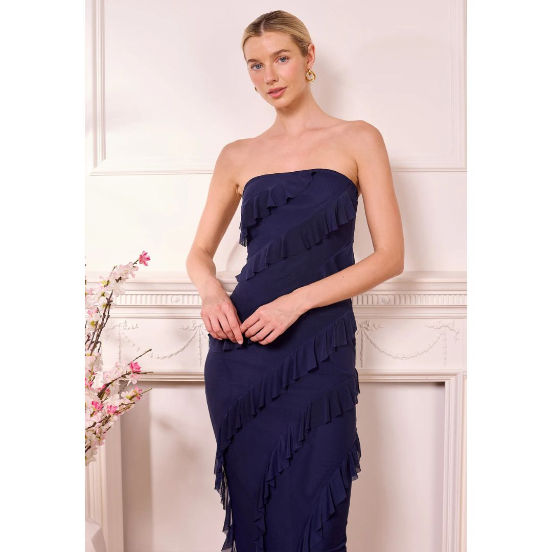 Campania Ruffle Bodycon Midi Dress - Navy