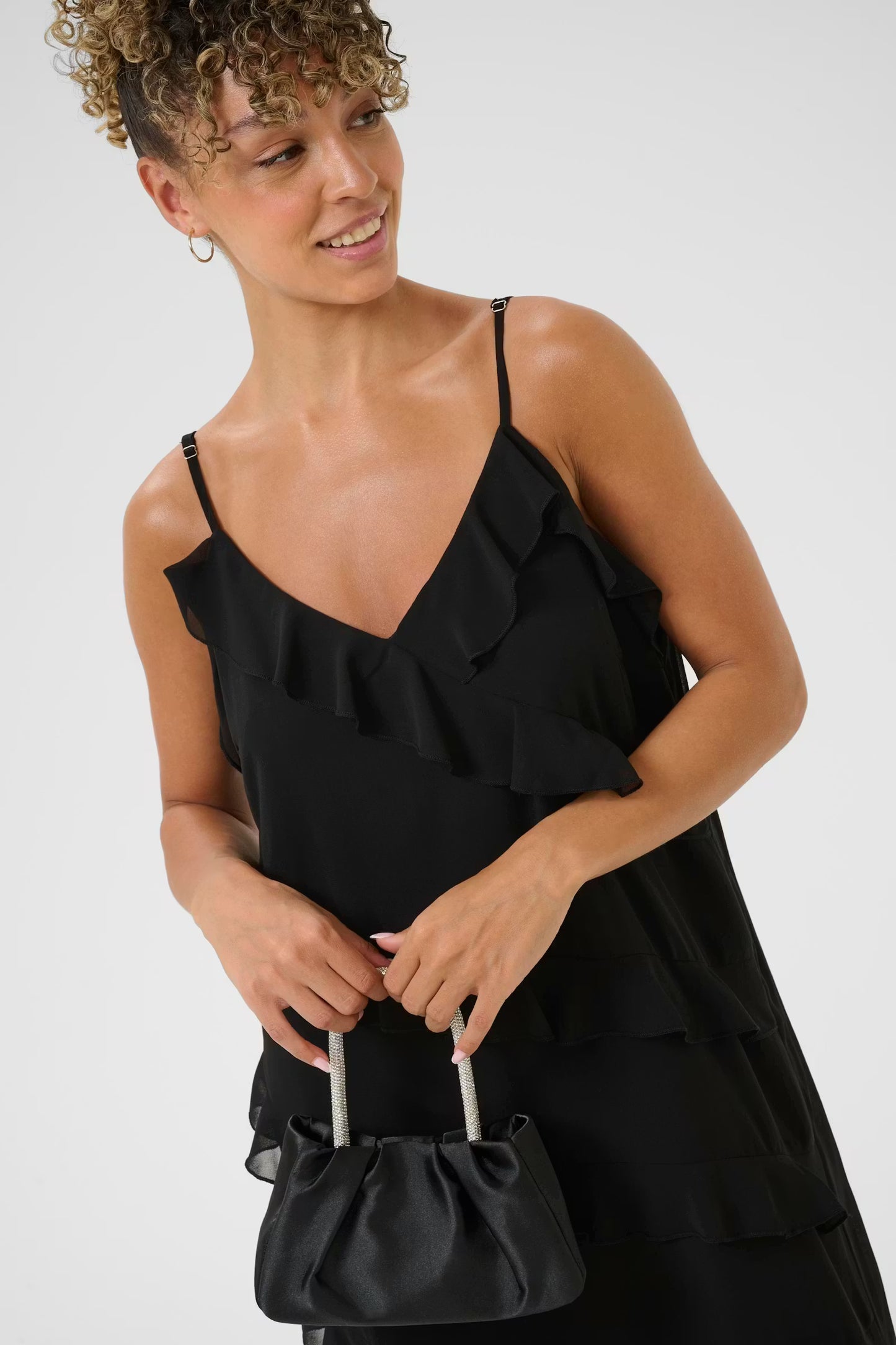 Tima Cascading Ruffle Chiffon Dress - Black
