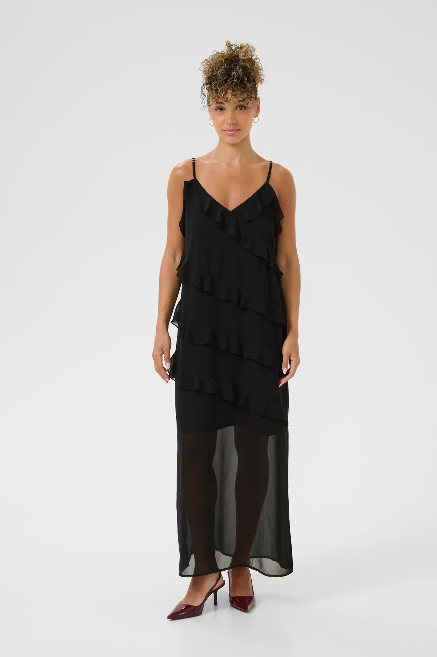Tima Cascading Ruffle Chiffon Dress - Black