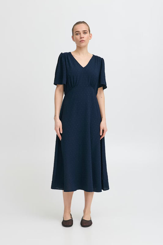 Zabby Dress - Navy Polka Midi Dress