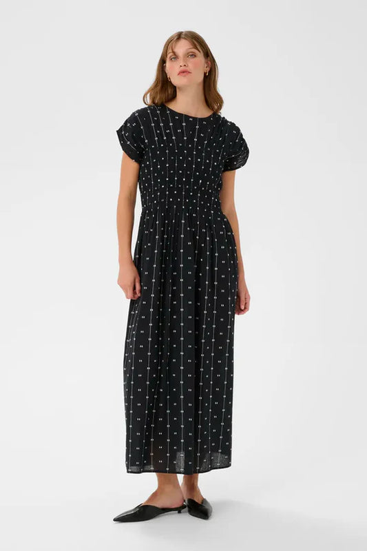 Amelie Smocked Maxi Dress - Black White Dot
