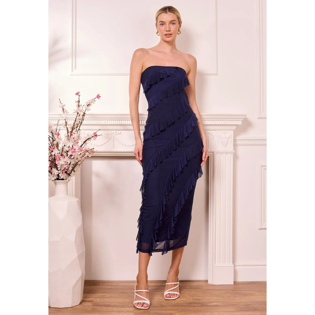 Campania Ruffle Bodycon Midi Dress - Navy