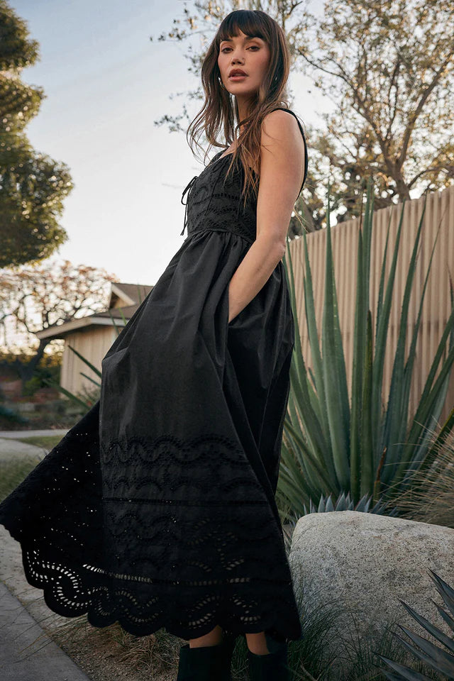 Avelina Eyelet Midi Dress - Black
