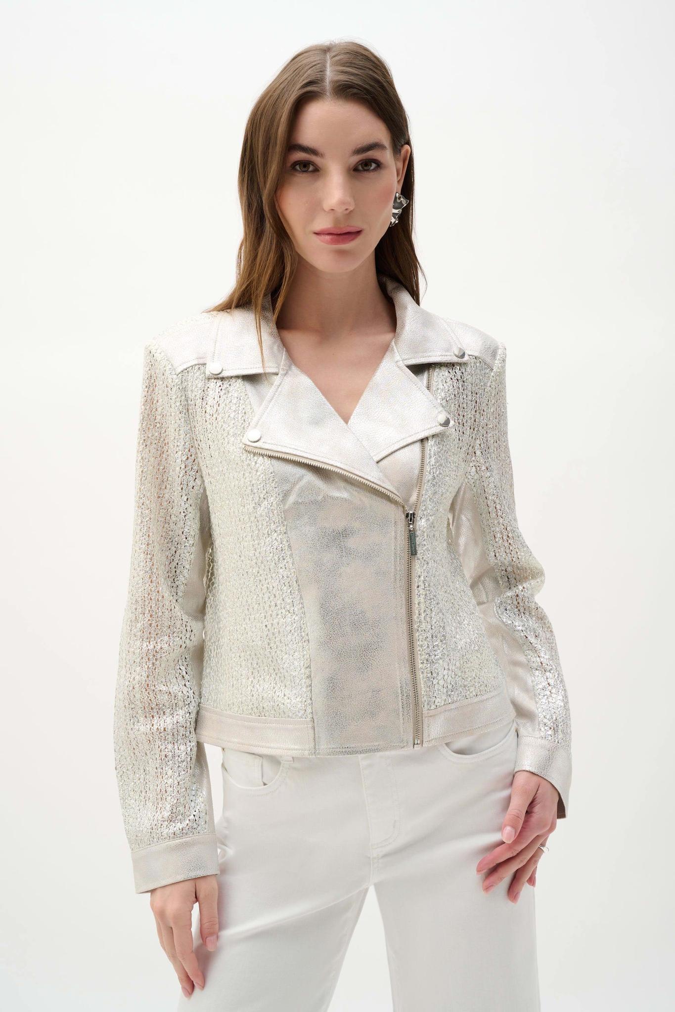 Faux Suede Foiled Knit Moto Jacket - Champagne Silver