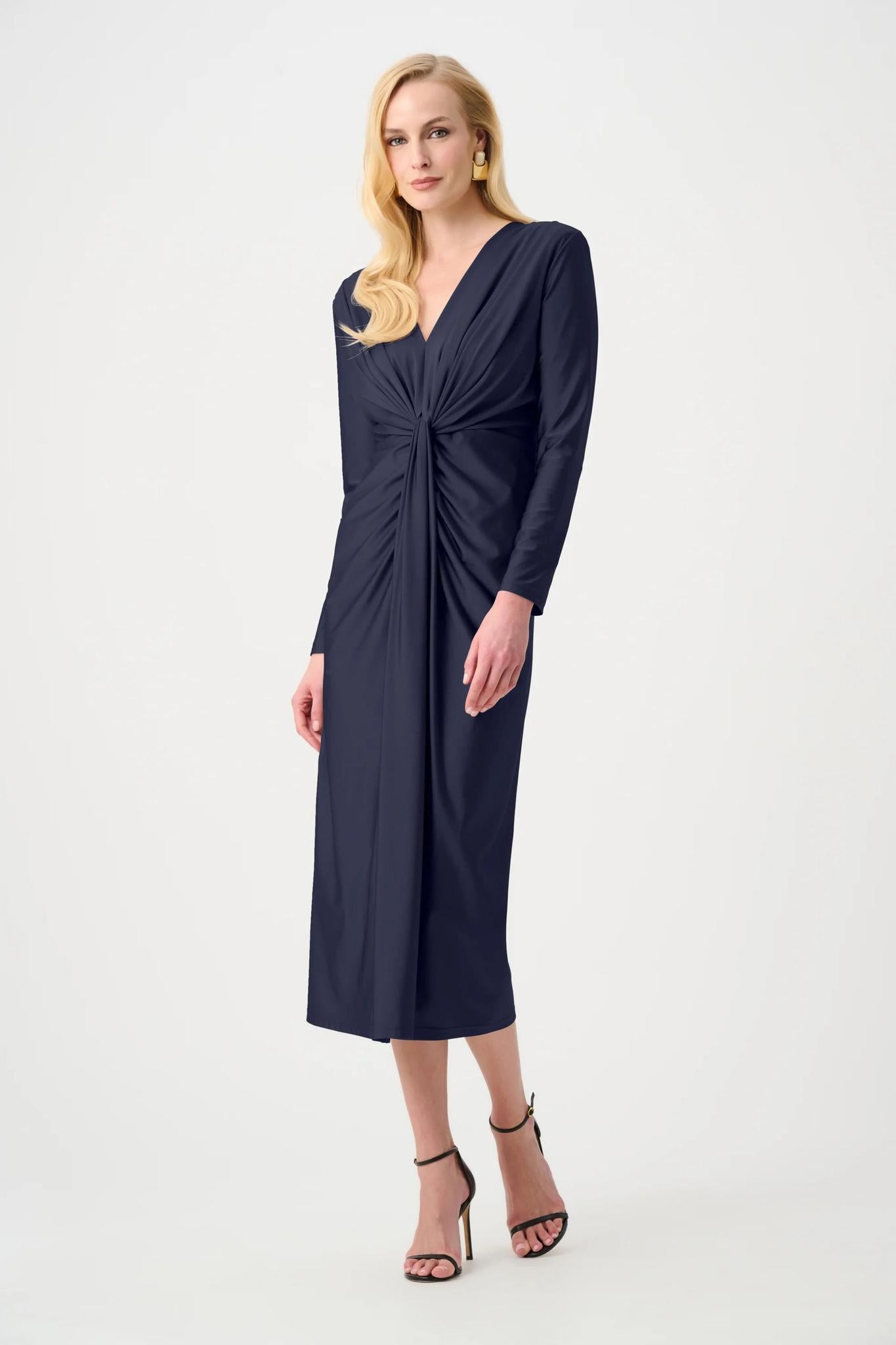 Satin Effect Knit Draped V-Neck Sheath Dress - 253714