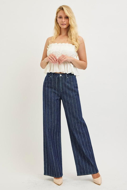 Slouchy Wide Leg Pinstripe Jeans | Dark