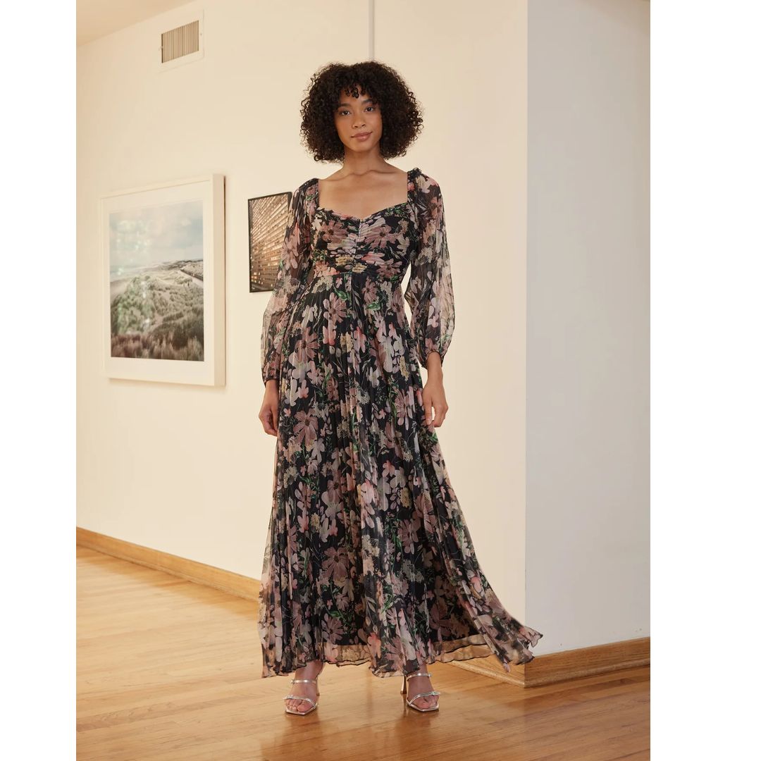 Lissie Pleated Dress - Black Pink Floral