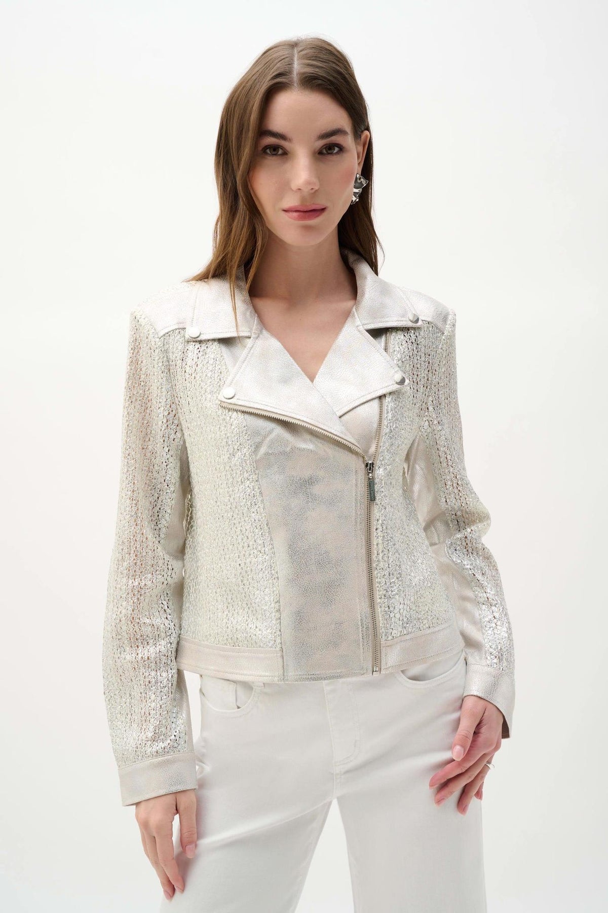 Faux Suede Foiled Knit Moto Jacket - Champagne Silver