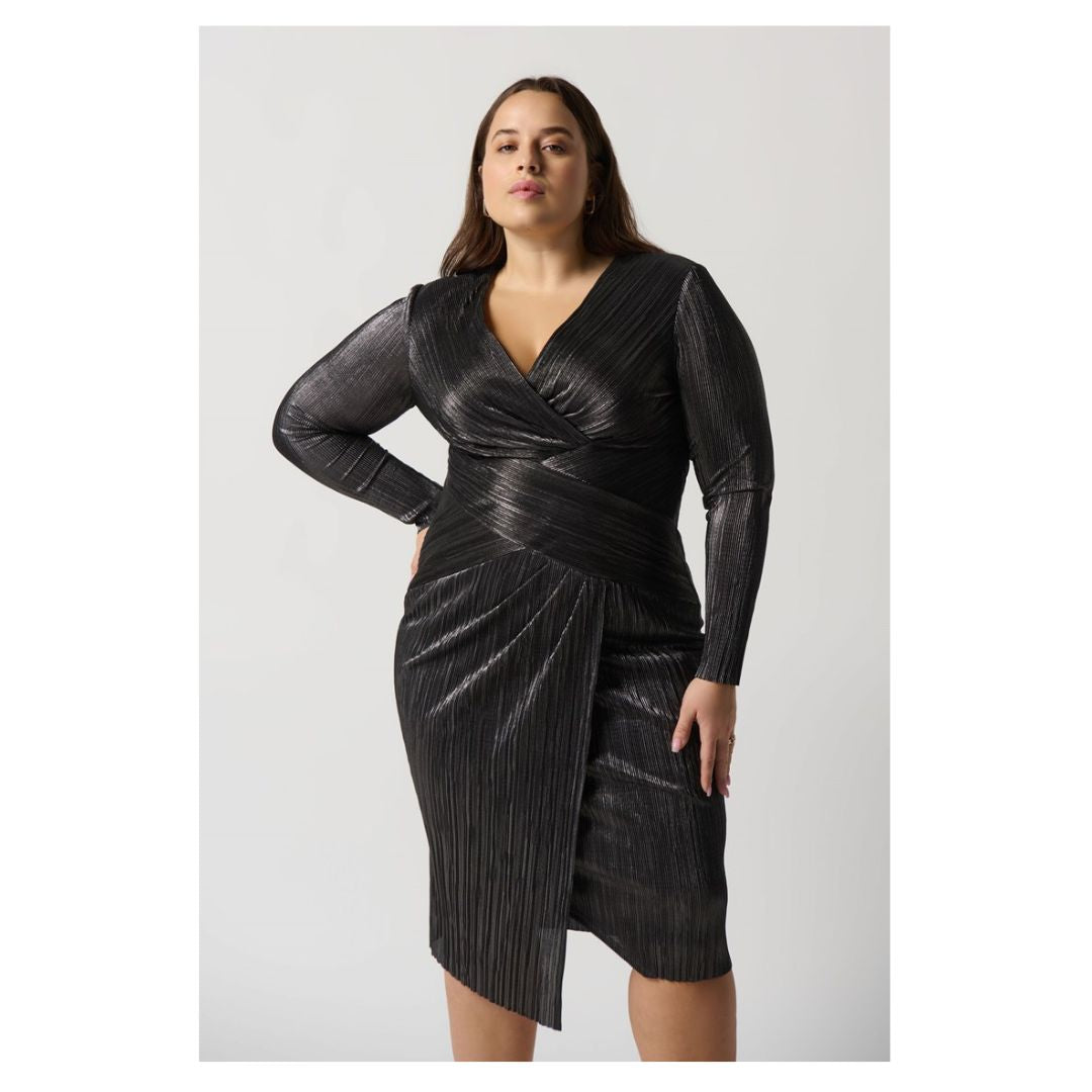 Metallic Crinkle Faux Wrap Dress - Dark Grey Shimmer