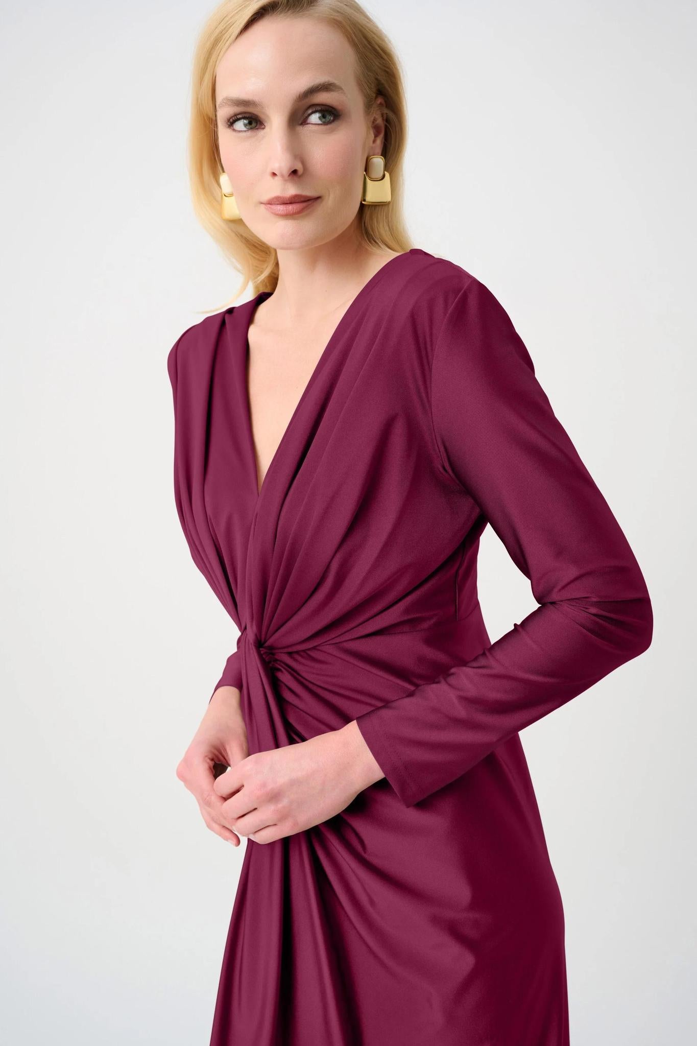 Satin Effect Knit Draped V-Neck Sheath Dress - 253714
