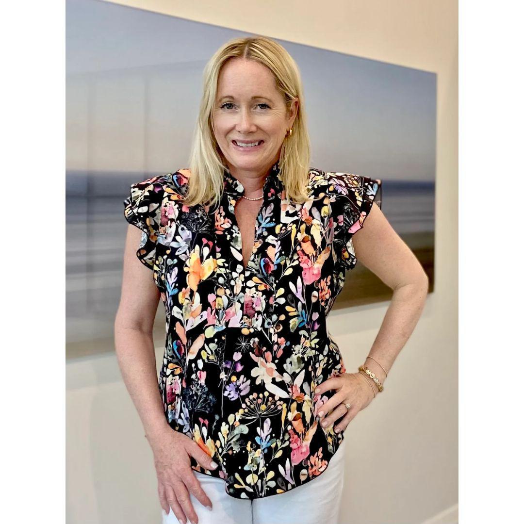 Floral Ruffle Blouse - Dotty Clothing - Black Floral