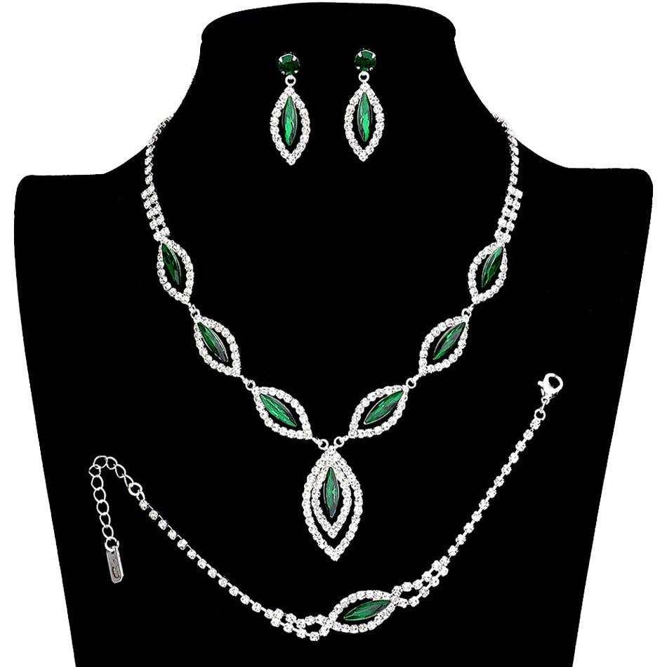 Marquise Rhinestone Necklace Jewelry Set - Emerald - 139972