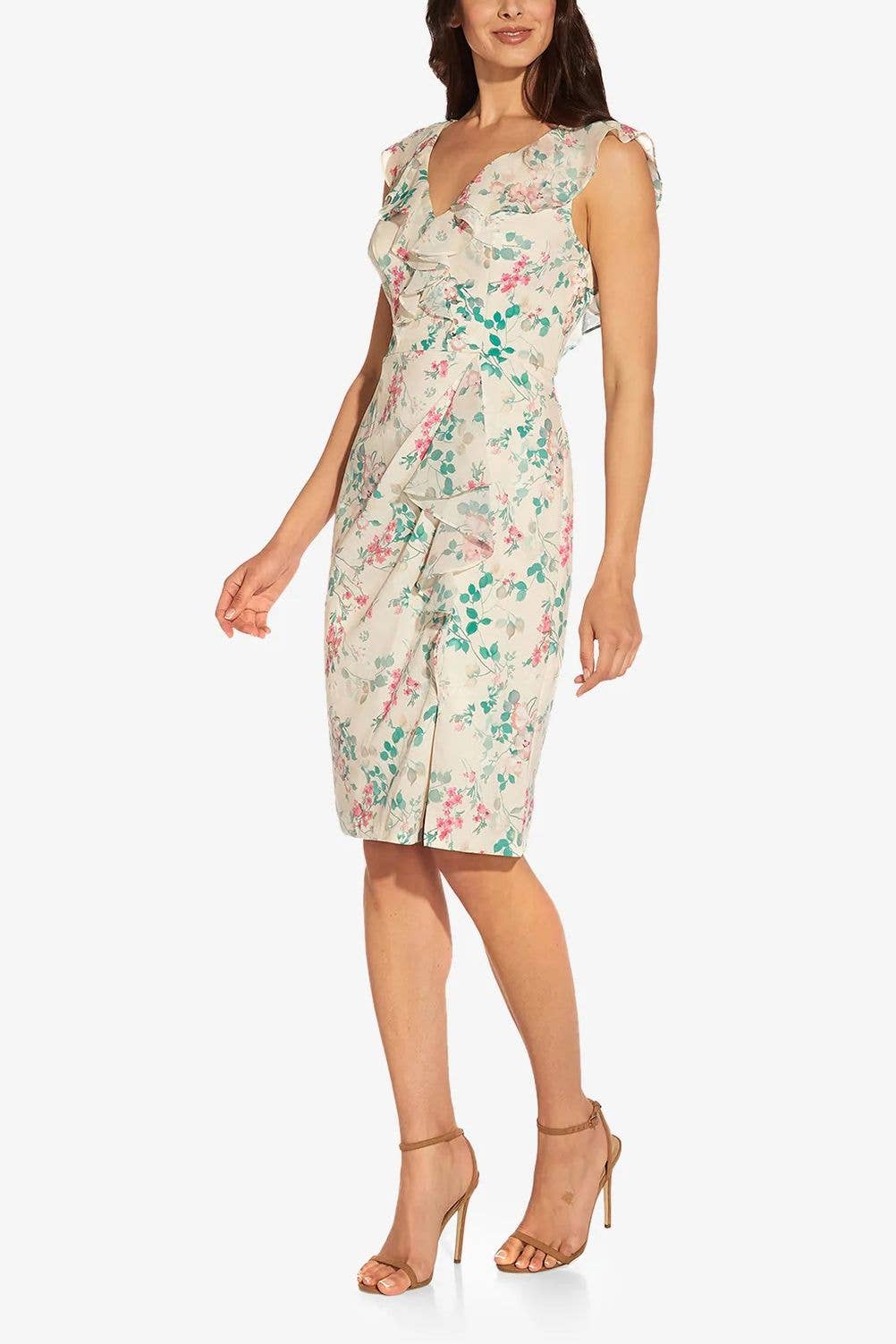 V- Neck Sleeveless Back Zipper Ruffle Dress - AP1D104738 - Alabaster Multi