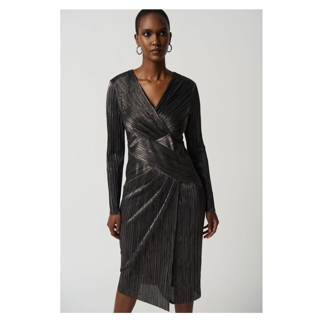 Metallic Crinkle Faux Wrap Dress - Dark Grey Shimmer