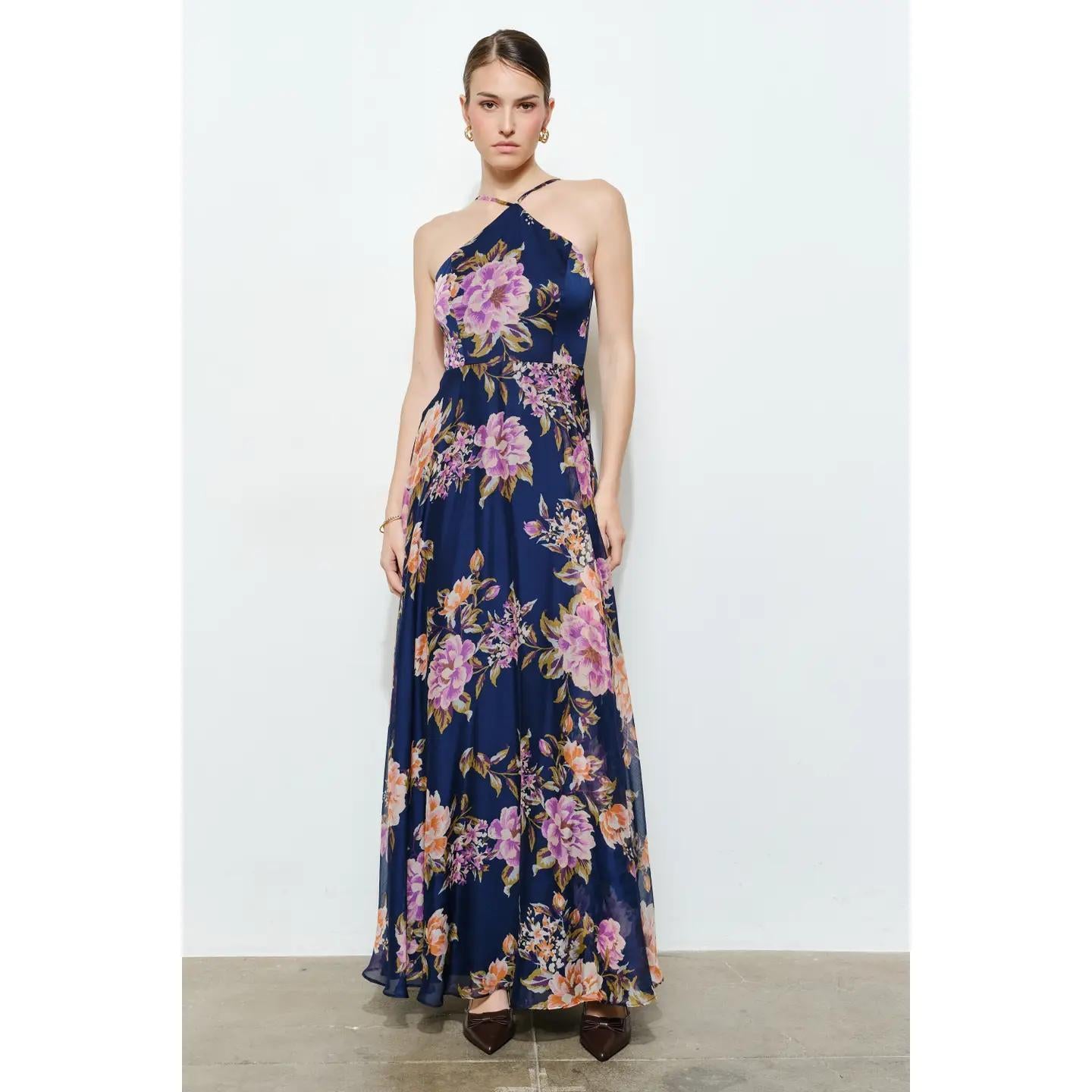 Floral Chiffon Halter Maxi Dress - Indigo Garden