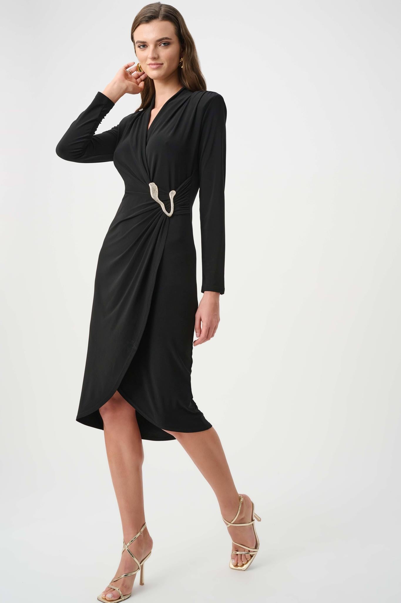 Silky Knit Sheath Wrap Dress - Black
