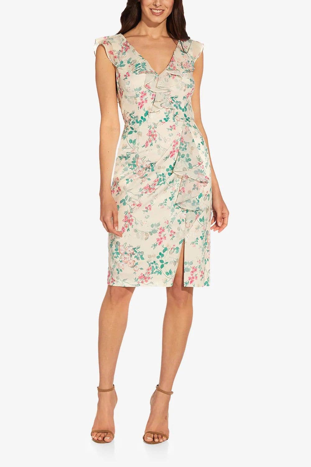 V- Neck Sleeveless Back Zipper Ruffle Dress - AP1D104738 - Alabaster Multi
