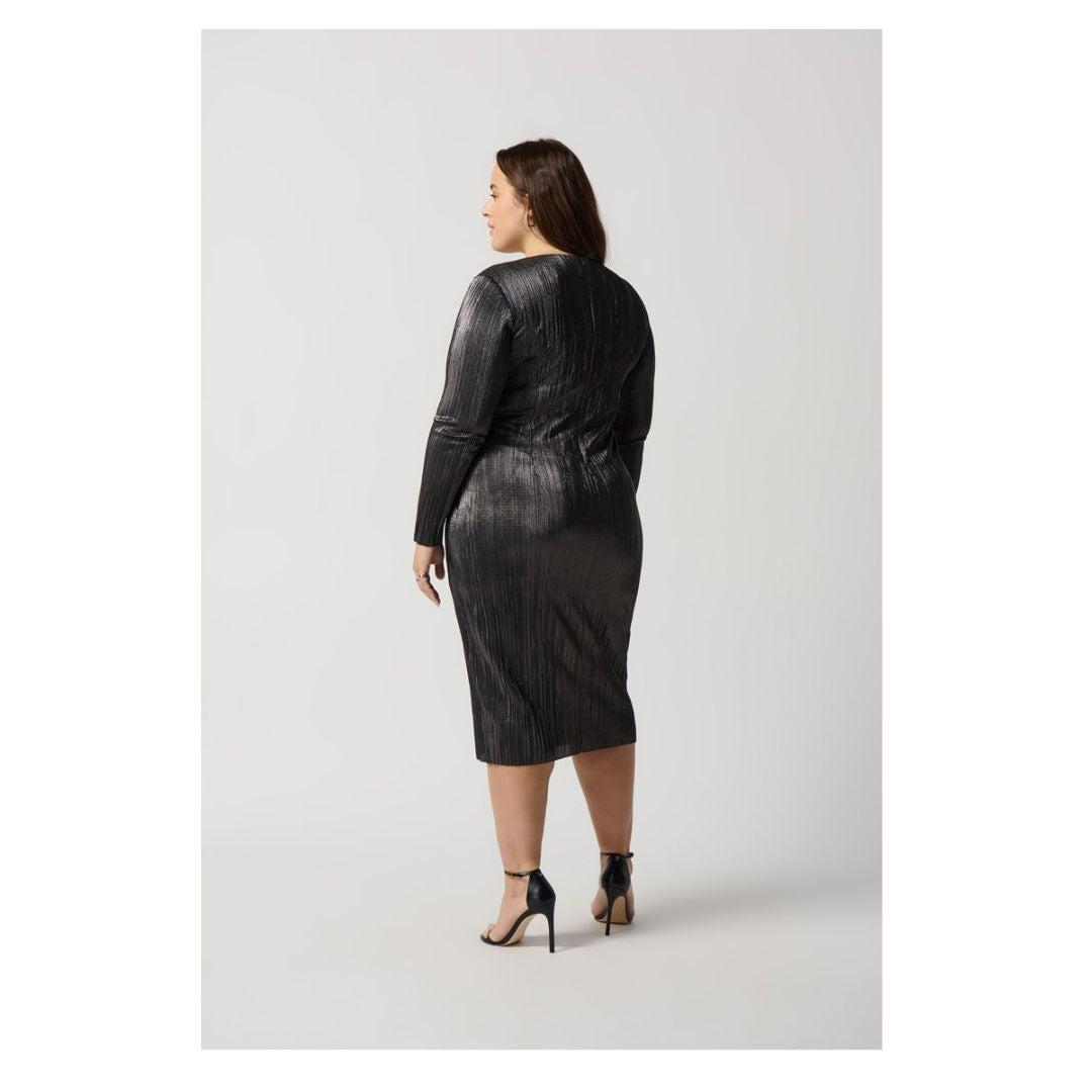 Metallic Crinkle Faux Wrap Dress - Dark Grey Shimmer
