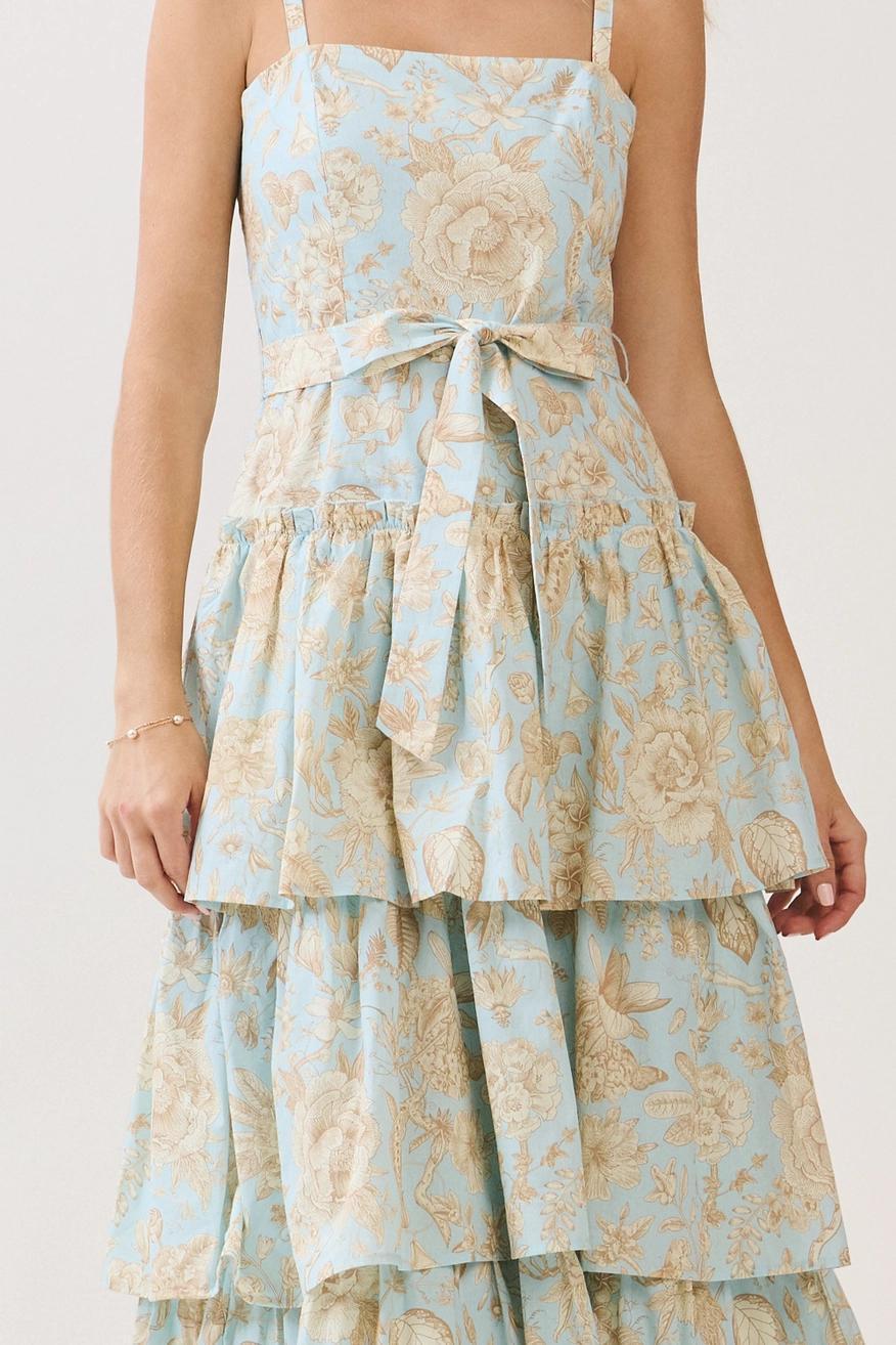 Tiered Ruffle Midi Dress - Blue Floral