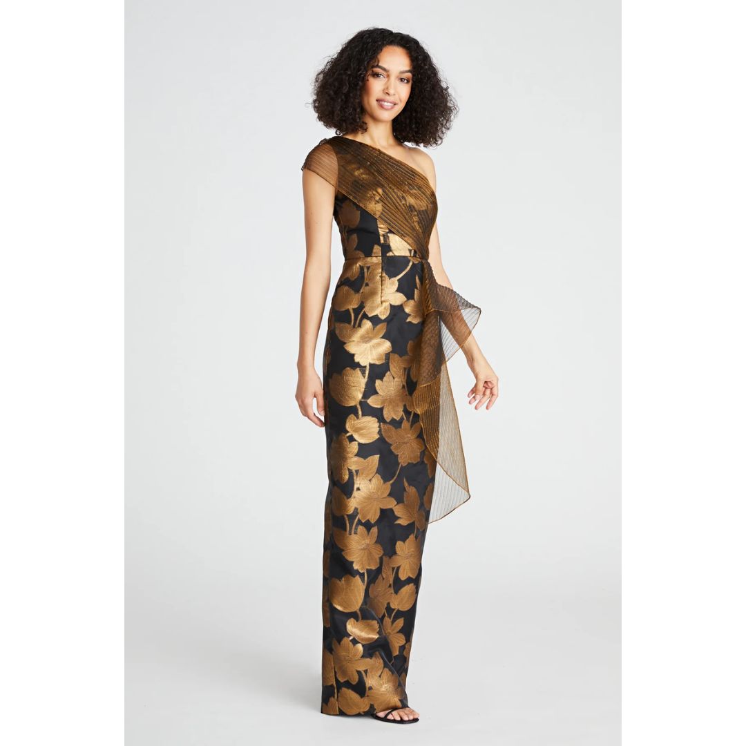 Eden One Shoulder Column Gown | Black/Bronze