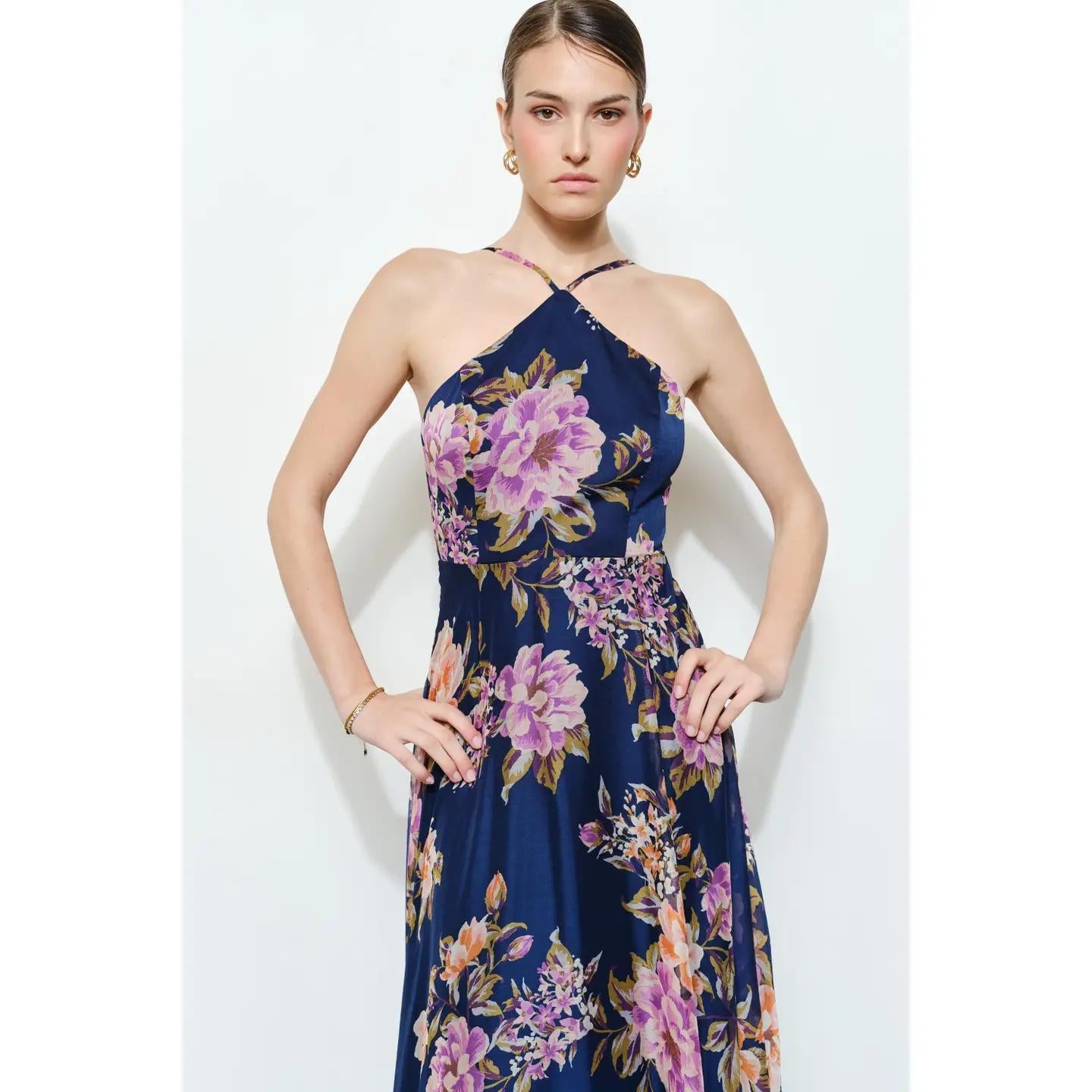 Floral Chiffon Halter Maxi Dress - Indigo Garden
