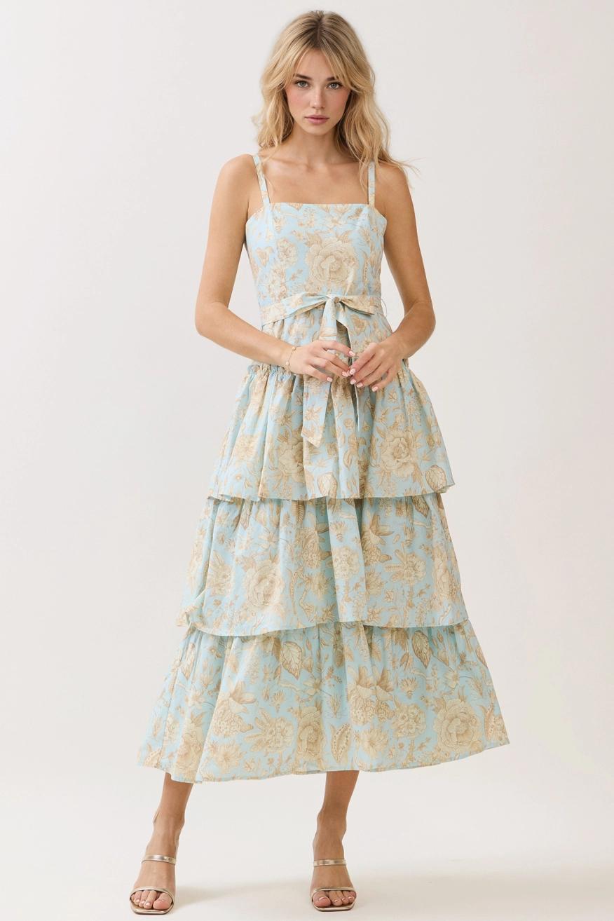 Tiered Ruffle Midi Dress - Blue Floral