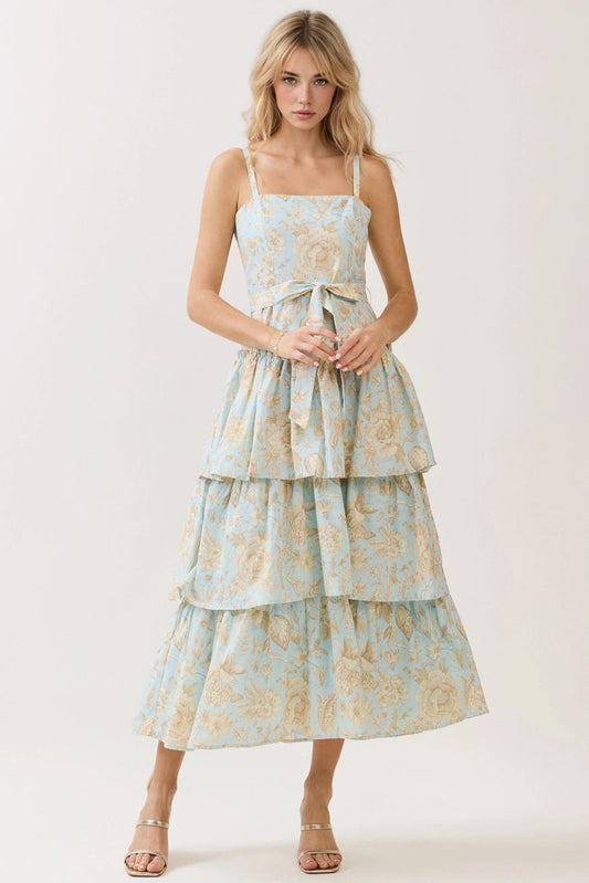 Tiered Ruffle Midi Dress - Blue Floral