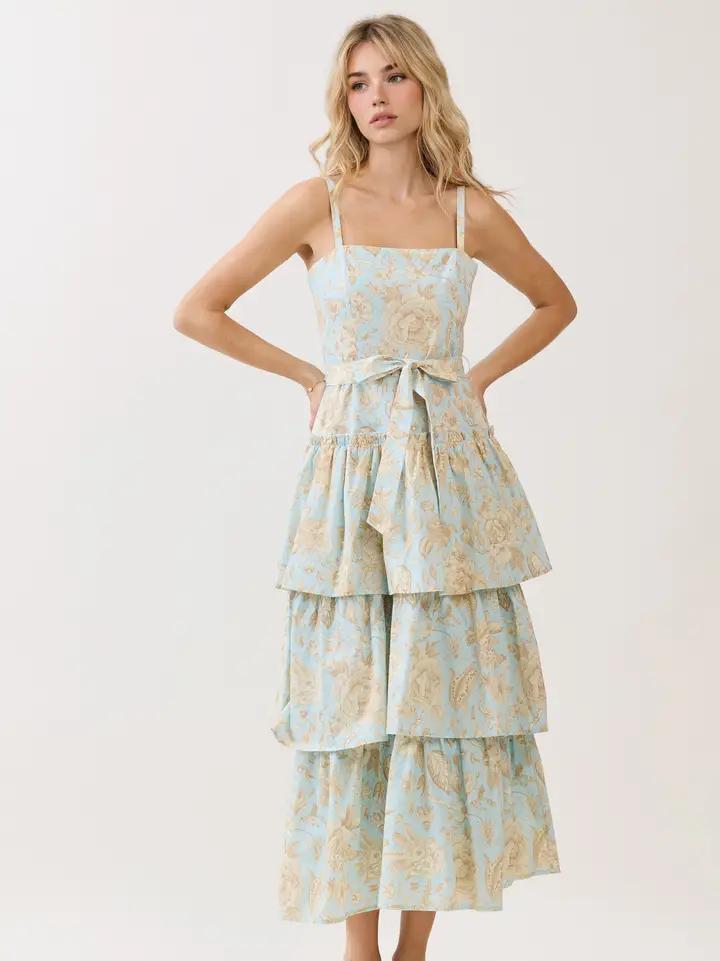 Tiered Ruffle Midi Dress - Blue Floral