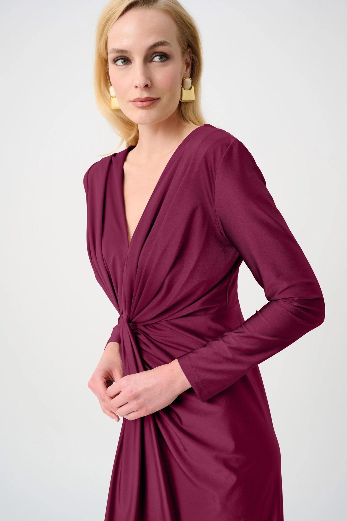 Satin Effect Knit Draped V-Neck Sheath Dress - 253714