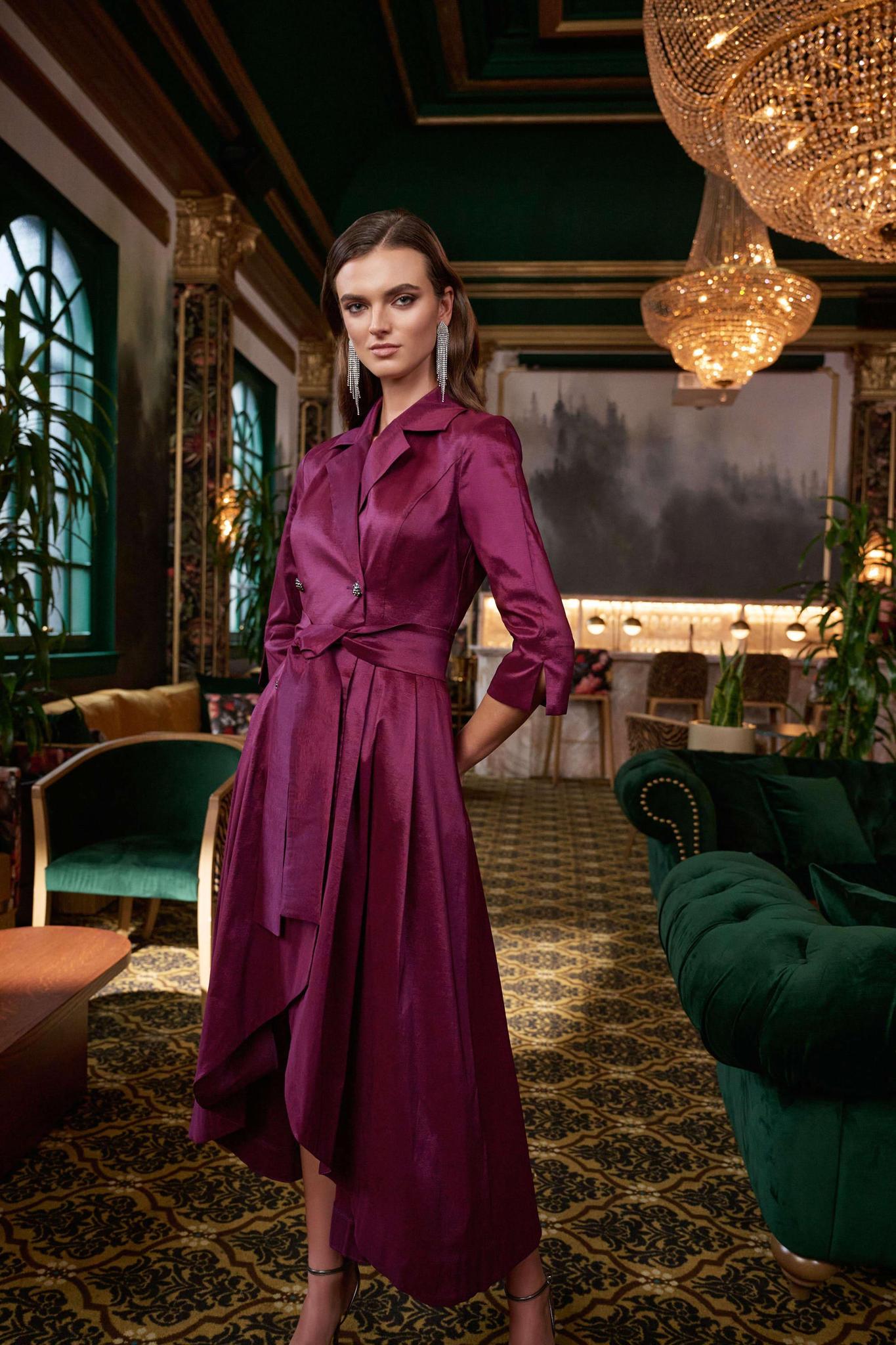Stretch Taffeta Fit and Flare Tuxedo Wrap Dress