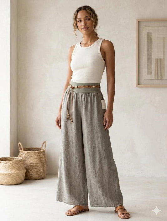 Linen Pants Wide Leg with Boho Belt and Elastic Waist