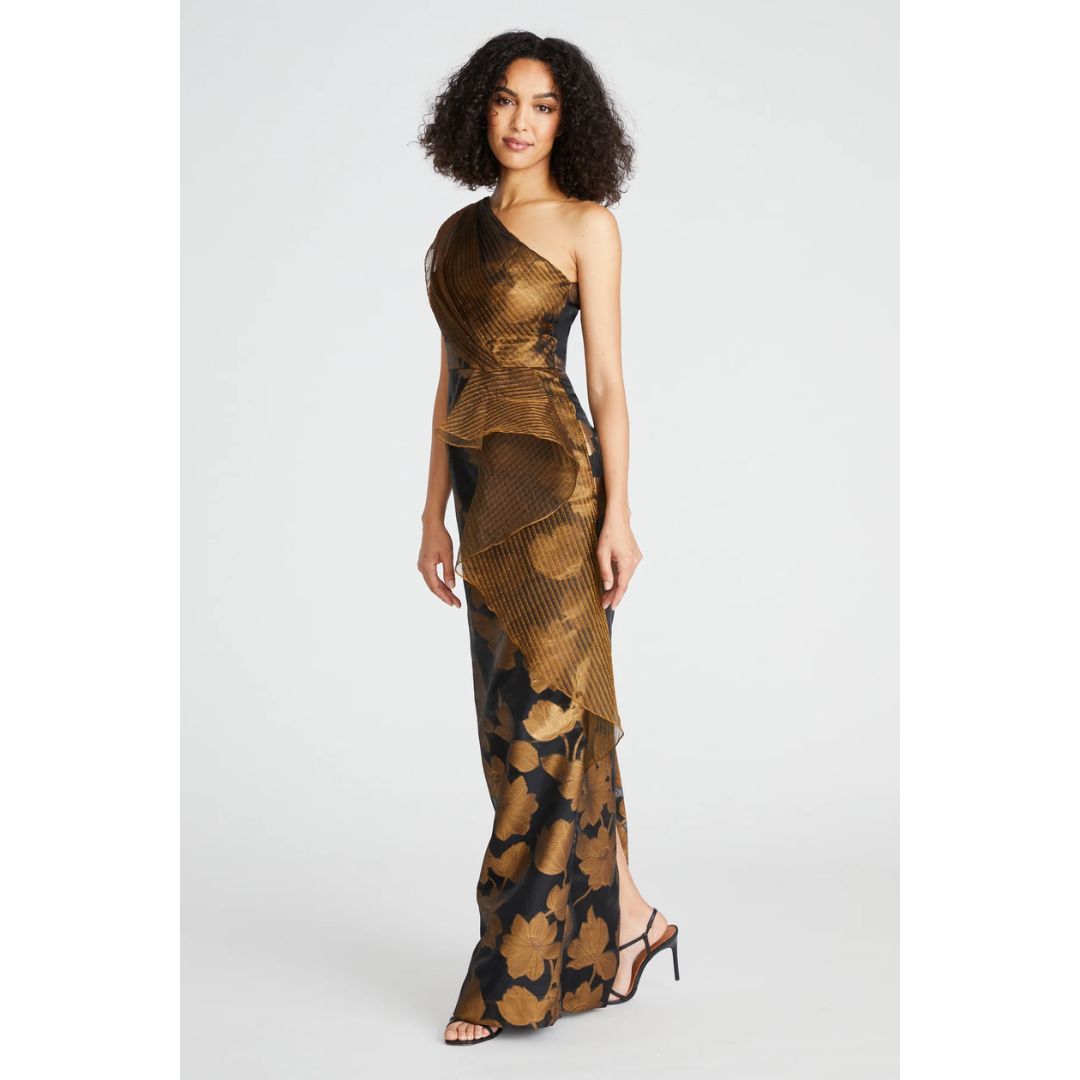 Eden One Shoulder Column Gown | Black/Bronze