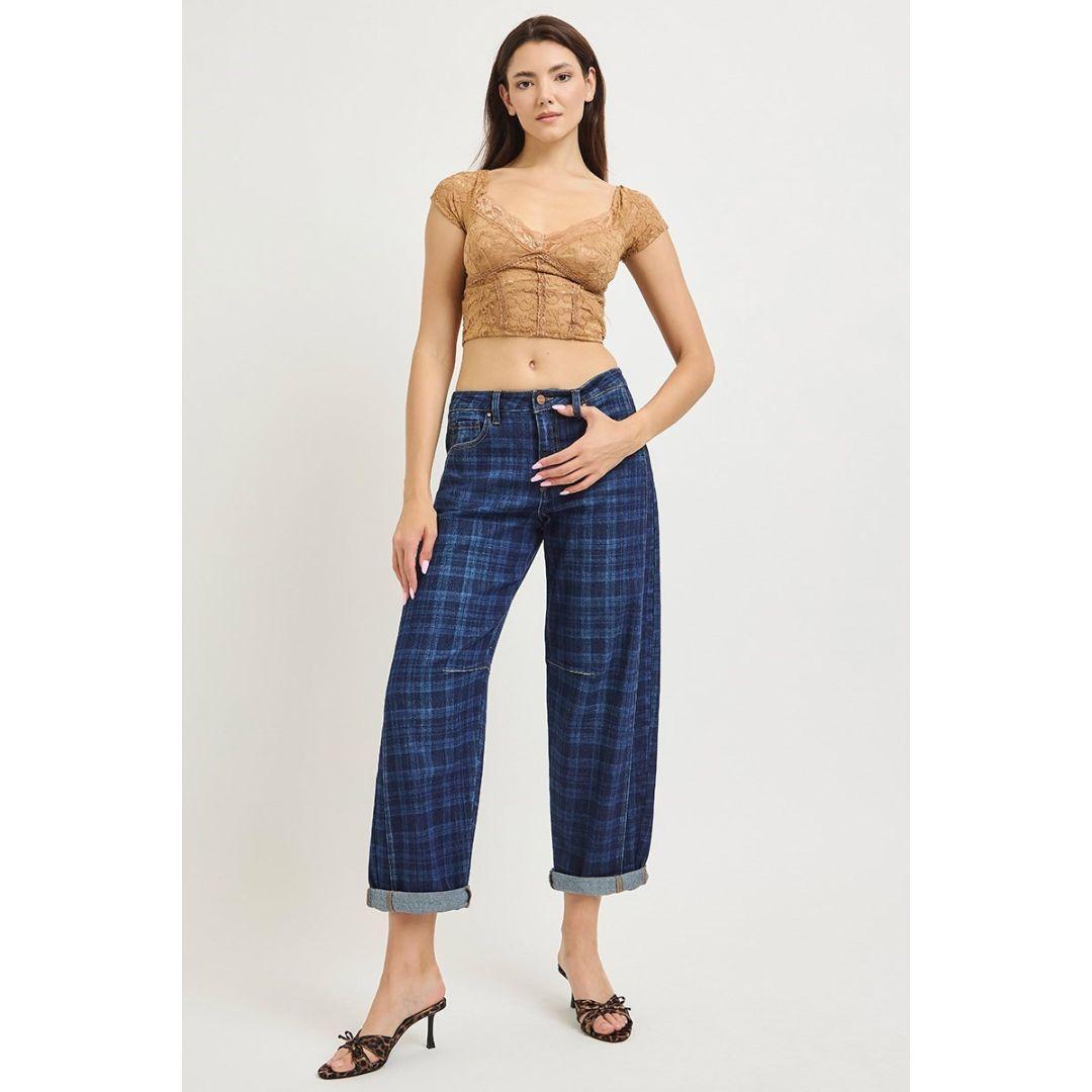 Risen Plaid Stretch Barrel Jeans | Plaid Dark