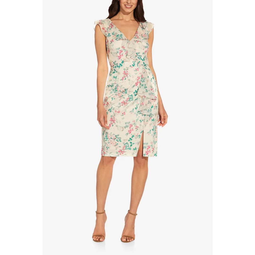 V- Neck Sleeveless Back Zipper Ruffle Dress - AP1D104738 - Alabaster Multi