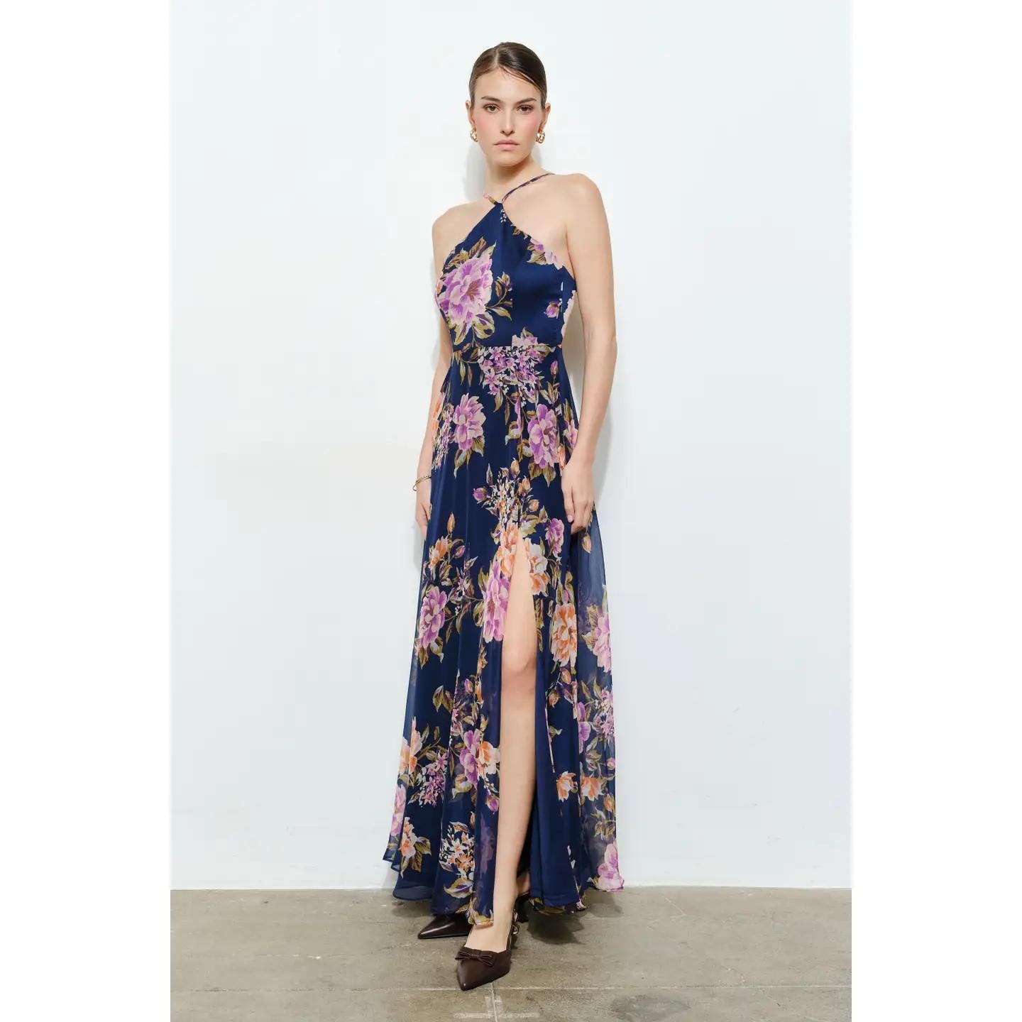 Floral Chiffon Halter Maxi Dress - Indigo Garden
